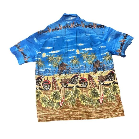 KY's Hawaii Blue Men's XL Hawaiian Shirt Motorcycle Ocean Beach Hut Scene - Picture 5 of 6
